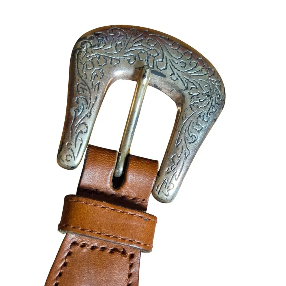 Fossil Leather Braided Western Concho Belt L Floral Engraved Buckle BT9144 Boho